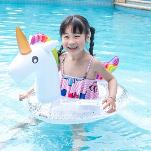 Colac gonflabil cu suport pentru copii, Unicorn Curcubeu cu sclipici, 95x60x52 cm - Img 1