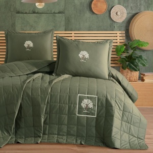 Set cuvertura matlasata Verra cu broderie 3 piese Verde (Bumbac 100%)