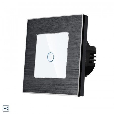 Intrerupator simplu cap scara / cruce cu touch din sticla si rama de aluminiu negru