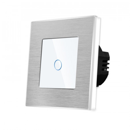 Intrerupator simplu cu touch din sticla si rama de aluminiu argintie