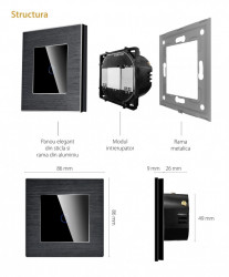 Intrerupator simplu cap scara / cruce cu touch din sticla si rama de aluminiu negru - Img 4