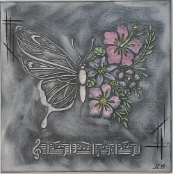 Tablou decorativ în relief 30cm x 30cm „Armonie muzicală florală” – design modern 3D, realizat manual - negru antichizat
