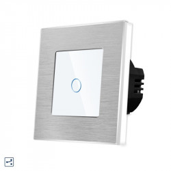Intrerupator simplu cap scara / cruce cu touch din sticla si rama de aluminiu argintie - Img 1