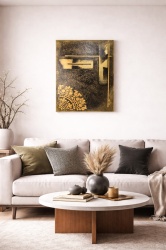 Tablou decorativ în relief L 40cm x H 50cm „Abstract Gold Harmony”– design modern 3D, realizat manual - negru/auriu - Img 2