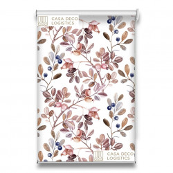 Roletă textilă Floral 8007 albă cu model frunze și flori în nuanțe maro și roz