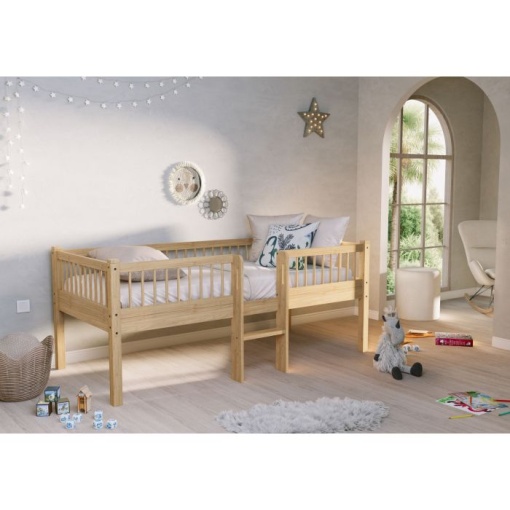 Pat Semi-Înălțat (Mid-Sleeper) cu Scară Forrest Oak pentru Camera Copii, 90x200 cm, din Lemn Masiv de Stejar, Natur – Vipack