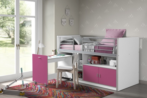Pat Supraetajat cu Birou Extensibil și Spații de Depozitare, Fuchsia (Metal și PAL) – Bonny – Vipack