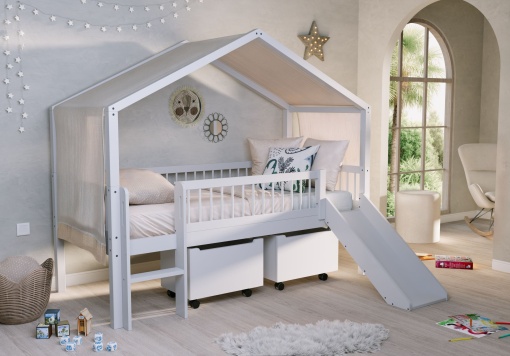 Pat Casă Înălțat Forrest Beech 90x200 cm, pentru Camera Copii, din Lemn de Fag, Alb lăcuit, cu Tobogan, Sertare și Set Textil – Vipack