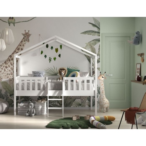 Pat Căsuță Supraetajat cu Scară, Alb, 90 x 200 cm, Pin Scandinavian – Dallas – Vipack
