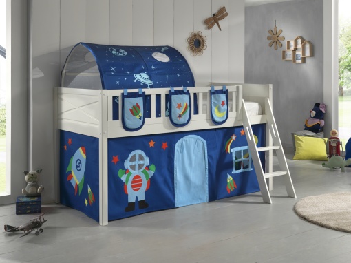 Pat ridicat pentru copii SCOTT, alb, 90 x 200 cm, din pin scandinav și MDF, cu scară frontală, perdea de joacă ASTRO, tunel și 3 saci de depozitare – Vipack
