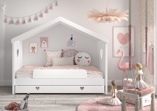 Sertar Pat AMORI pentru Copii, 90x190 cm, Alb (Pin Scandinavian și MDF), Design Romantic – Vipack