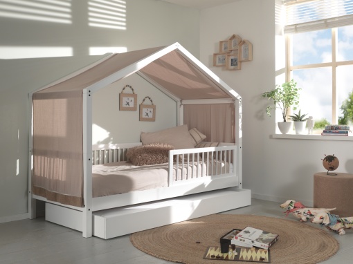 Set Complet: Pat Căsuță Forrest Beech pentru Camera Copii, 90x200 cm, cu Sertar Pat, Barieră de Siguranță Suplimentară și Set Textil, din Lemn Masiv de Fag, Alb – Vipack