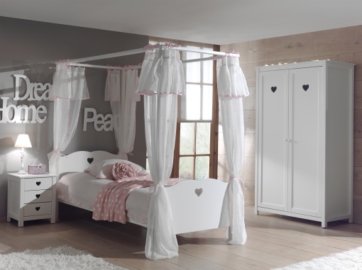 Set Mobilier Cameră Copii AMORI, 3 Piese, Pat cu Baldachin, Alb/Roz – Vipack