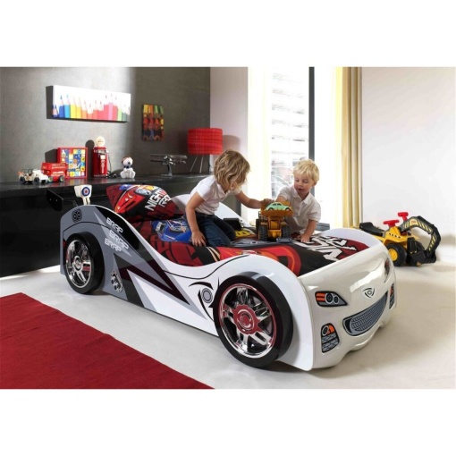 Pat Mașină BRAP BRAP pentru Copii, 90x200 cm, Alb (MDF) – Auto – Vipack