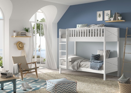 Pat supraetajat pentru copii SCOTT, alb, 90 x 200 cm, din pin scandinav și MDF, cu somiere incluse și 2 sertare pentru depozitare – Vipack