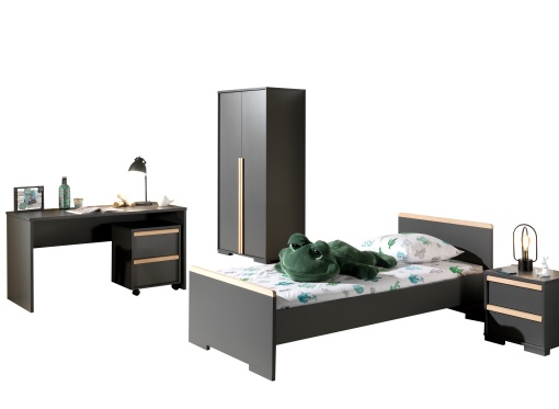 Set LONDON în culoarea antracit format dintr-un Pat copii (90x200) cu noptieră, Dulap camera copii cu 2 uși și birou cu cărucior de birou.