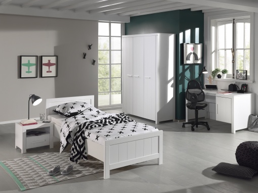Set Mobilier Cameră Copii ERIK, pat 90x200 cm, dulap cu 3 uși, birou și noptieră, alb – Vipack
