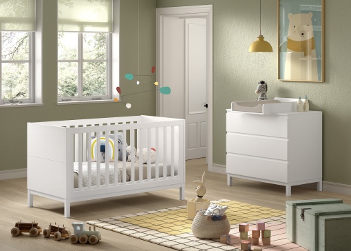 Set Mobilier Cameră Copii EVA: Pătuț Transformabil 70x140 cm, Comodă cu 3 Sertare și Masă de Înfășat, Alb – Vipack