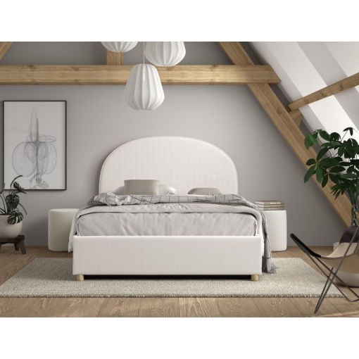 Set MOON: pat tapițat 140 x 200 cm alb cu țesătură bouclé și spațiu de depozitare + taburet alb multifuncțional – Vipack