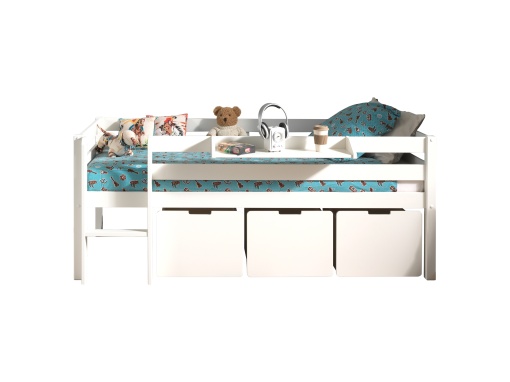 Dormitor Pino ALB 90x200 cm – Echilibru perfect cu scară, 3 sertare & raft suspendat | Gama PINO