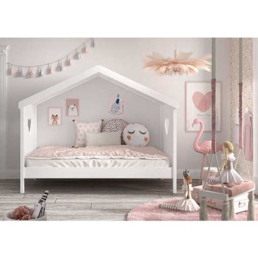 Pat Căsuță AMORI, 90x200 cm, Alb ,Pin Scandinavian și MDF – Vipack