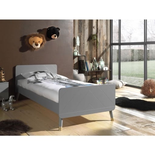 Pat Single pentru Copii, 90x200 cm, Gri (Pin Masiv și MDF) – Billy – Vipack