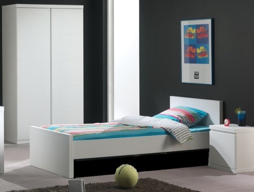 Set Mobilier Cameră Lara pentru Copii/Tineri, Alb – Pat 90x200 cm, Noptieră și Dulap 2 Uși – Vipack