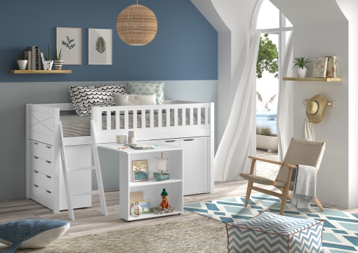 Set pat semi-supraetajat pentru copii SCOTT, alb, 90 x 200 cm, pin scandinav masiv, cu scară, birou glisant, bibliotecă, comodă cu 3 sertare și dulap cu 3 uși – Vipack