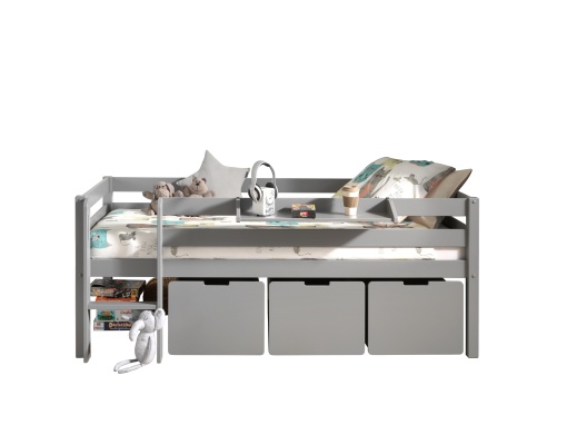 Dormitor Pino GRI 90x200 cm – Confort și ordine cu scară, 3 sertare & raft suspendat | Gama PINO