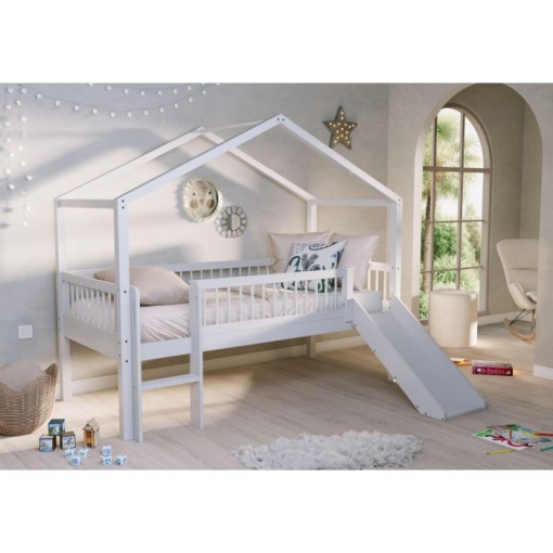 Pat Căsuță Elevat cu Tobogan Forrest Beech pentru Camera Copii, 90x200 cm, din Lemn Masiv de Fag, Alb – Vipack