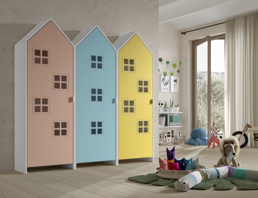 Set 3 Dulapuri pentru Copii Căsuță, Albastru, Roz și Galben, (MDF) – CASAMI BRUGES – Vipack