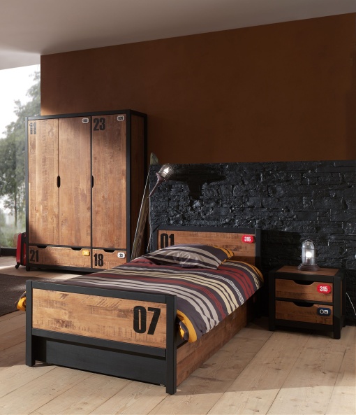 Set Mobilier Cameră Copii ALEX, 4 Piese, Pat 90x200 cm, Pin Masiv și Metal Negru – Vipack