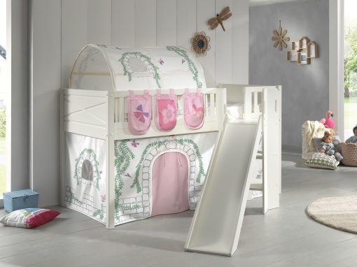 Set pat pentru copii SCOTT, alb, 90 x 200 cm, din pin scandinav și MDF, cu scară frontală, perdea de joacă BIRDY, tunel și buzunare de depozitare – Vipack