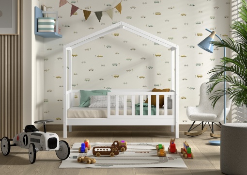 Pat Căsuță Copii cu Protecție, Alb, 70 x 140 cm, Pin Masiv – Dallas – Vipack