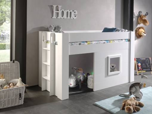 Pat median pentru copii NOAH, alb, 90 x 200 cm, MDF lăcuit, spațiu multifuncțional sub pat, scară și fereastră montabile pe stânga sau dreapta – Vipack