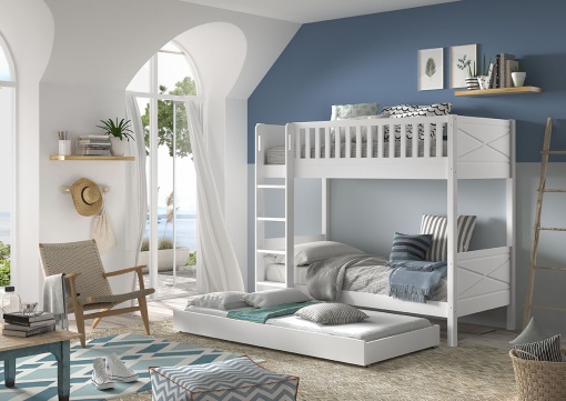 Pat supraetajat pentru copii SCOTT, alb, 90 x 200 cm, din pin scandinav și MDF, cu somiere incluse și sertar mare pentru loc de dormit suplimentar – Vipack