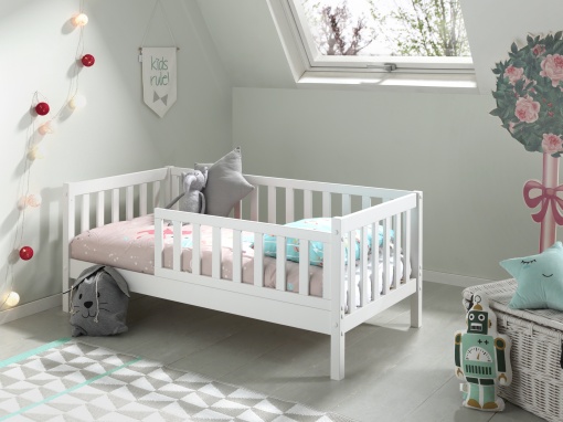 Pat Toddler alb pentru copii mici, 70 x 140 cm, cu laturi înalte pentru siguranță – Vipack