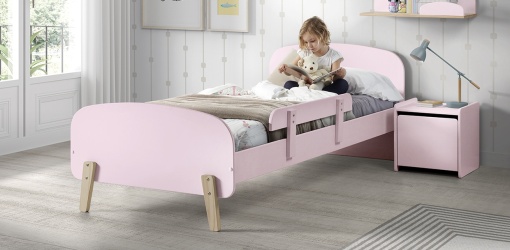 Set Mobilier Kiddy pentru Camera Copii – Pat 90x200 cm, Noptieră & Bară Siguranță – Roz Pal – Vipack
