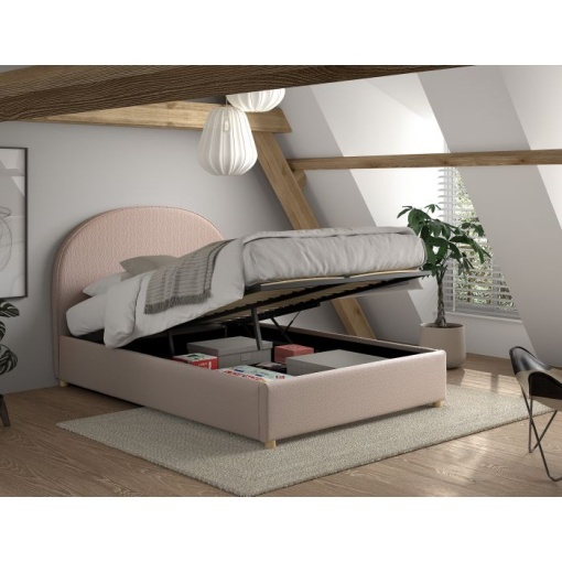 Set MOON: pat tapițat 140 x 200 cm roz cu țesătură bouclé și spațiu de depozitare + taburet roz multifuncțional – Vipack