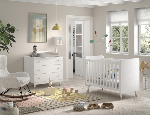 Set Pătuț, Comodă și Masă de Înfășat pentru Bebeluși, 3 Piese, Alb Satinat (MDF) – Billy – Vipack