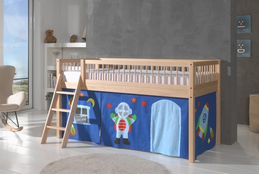 This FORREST BEECH combination in natural beech consists of a mid-high sleeper bed (90 x 200 cm) and a matching textile set.