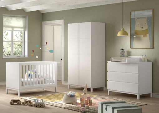 Set Complet Cameră Copii EVA: Pătuț 60x120 cm, Comodă cu 3 Sertare, Masă de Înfășat și Dulap 2 Uși, Alb – Vipack