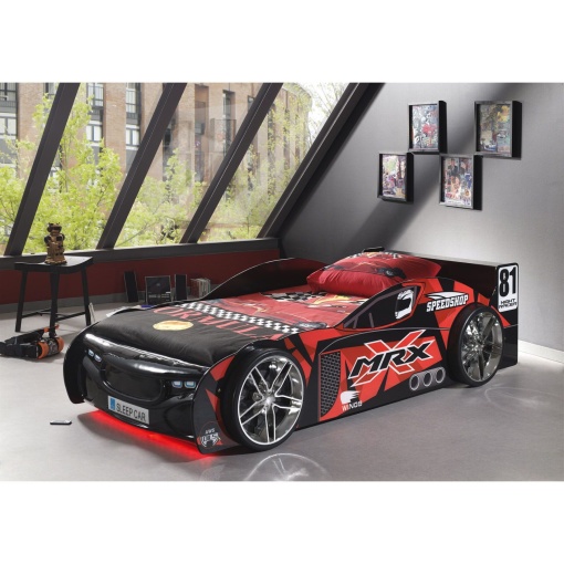 Pat Mașină de Curse MRX pentru Copii, 90x200 cm, Negru cu Roșu (MDF) – Auto – Vipack