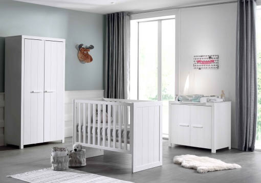Set Complet Cameră Copii ERIK: Pătuț Transformabil 60x120 - 90x200 cm, Comodă, Masă de Înfășat și Dulap 2 Uși, Alb – Vipack