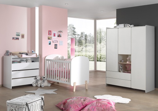 Set Mobilier Kiddy pentru Camera Bebelușului – Pătuț 60x120 cm, Comodă, Placă de Înfășat & Dulap 3 Uși – Alb – Vipack