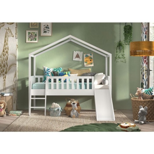 Pat Căsuță Supraetajat cu Tobogan, Alb, 90 x 200 cm, Pin Scandinavian – Dallas – Vipack