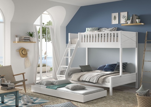 Pat pentru copii SCOTT, alb, 140 x 200 cm + 90 x 200 cm, din pin scandinav și MDF, cu somiere incluse și sertar mare pentru loc de dormit suplimentar – Vipack