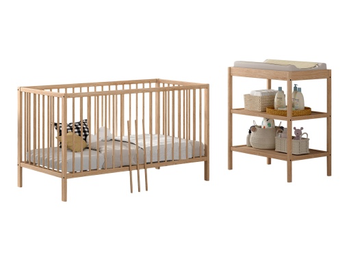 Set DINO culoare lemn natural format dintr-un Pat copii pentru copii (70 x 140 cm) și o masă de schimbat.