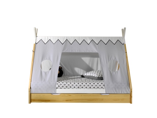 Set TIPI este format din Pat copii înalt fără gard (90 x 200 cm), un sertar în culoare culoare lemn natural și un set de textile asortate.