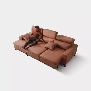 Canapea piele cologica cu sezlong, model Antia, lemn de pin (Pine wood) și placă DMF (DMF board), picioare din metal inalte, textil plusat, 280 cm - Img 3